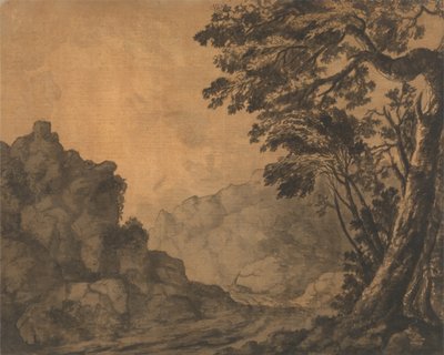 Een weg in een berglandschap met bomen aan de rechterkant door Alexander Cozens